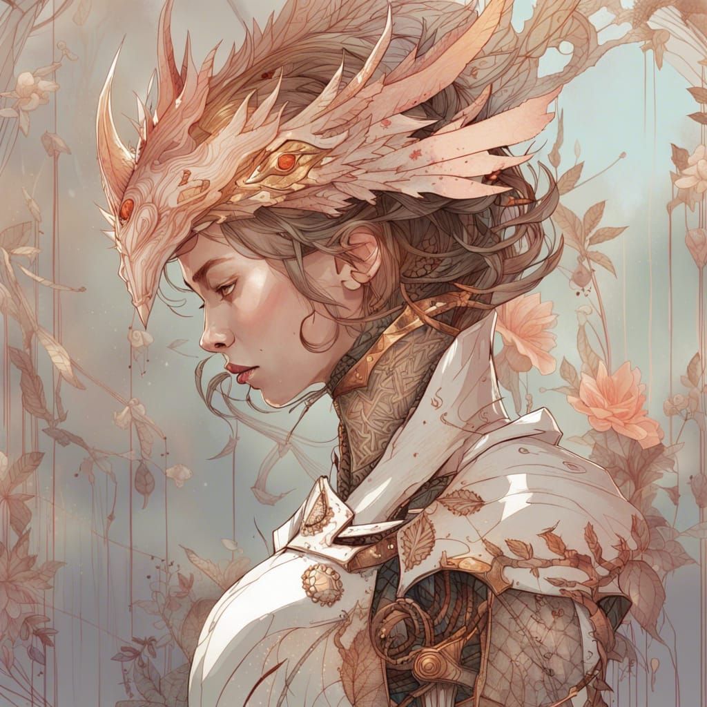 Mythic Knight on Wyvern in Rose Gold Armor