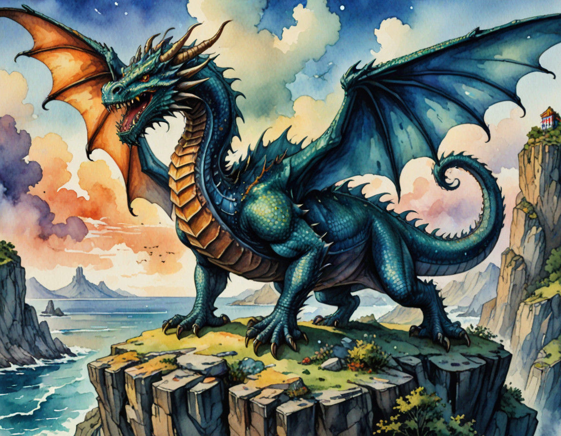 Majestic Dragon Over Ocean, Brave Knight in the Distance
