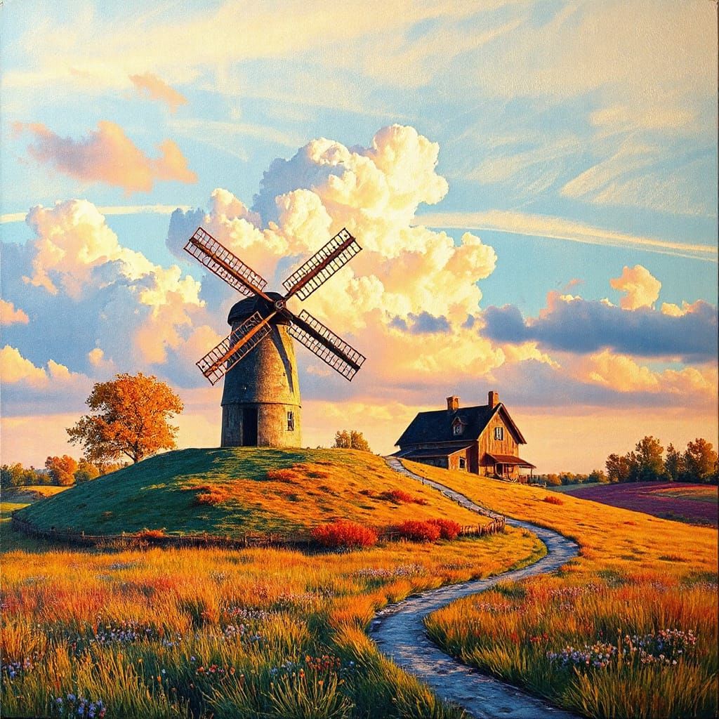Autumn Windmill Landscape in Impasto Painting Style