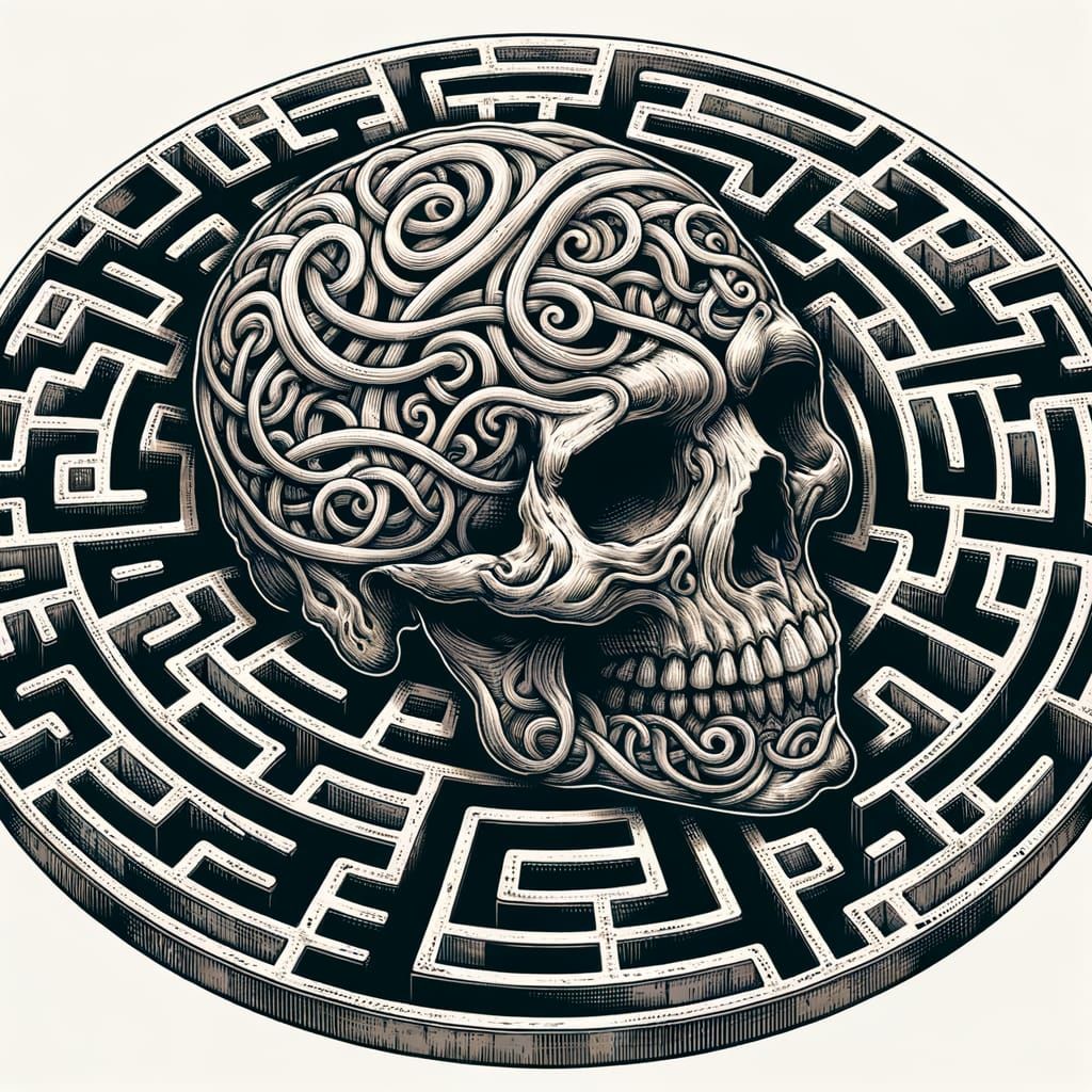 Monochromatic Labyrinth Skull Design in Gray Shades