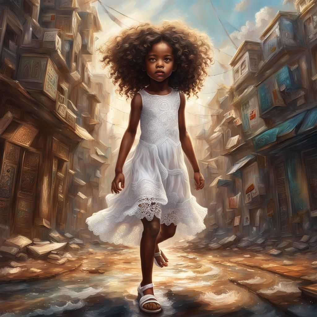 African Girl in Lace Dress: Surreal Oil Painting