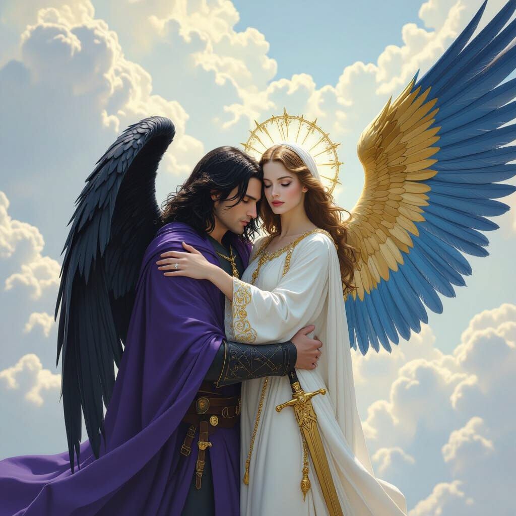 Divine Embrace: Angel Comforting Dark Angel in the Sky