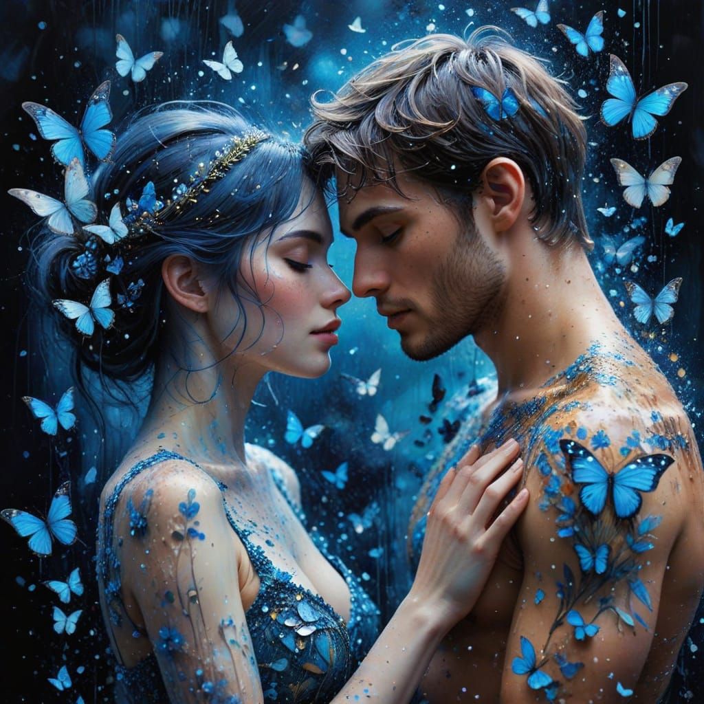 Romantic Couple in Watercolor Dream with Blue Flowers