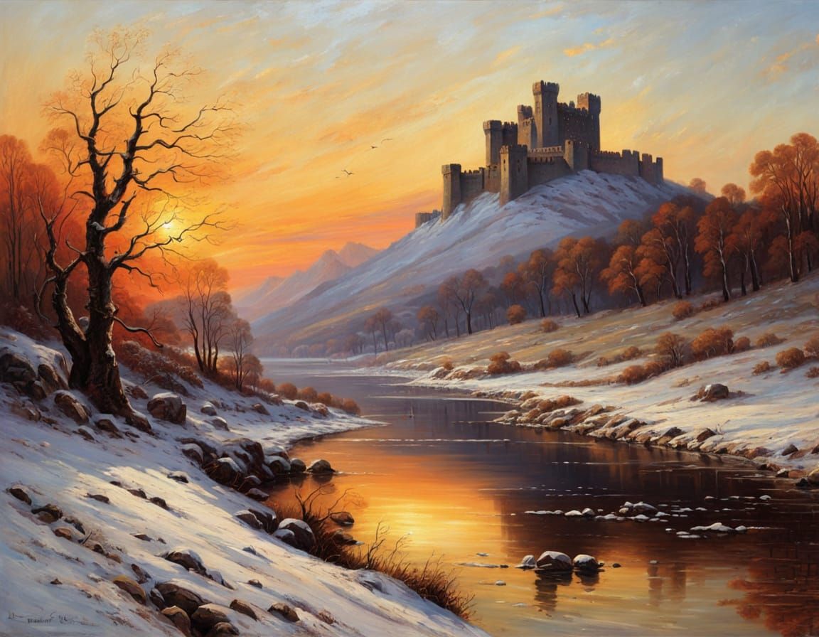 Medieval Castle Winter Scene in Oil Painting Style