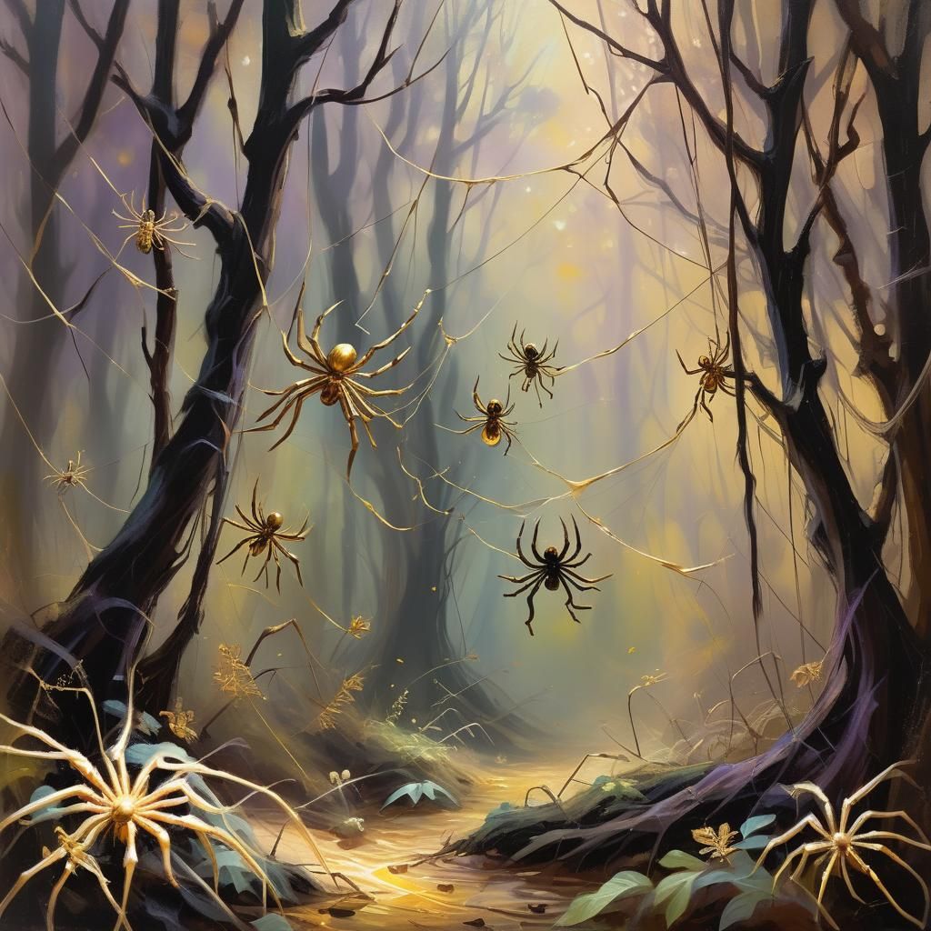 Spiders Weaving Ethereal Thread: Neo-Impressionist Oil Paint...