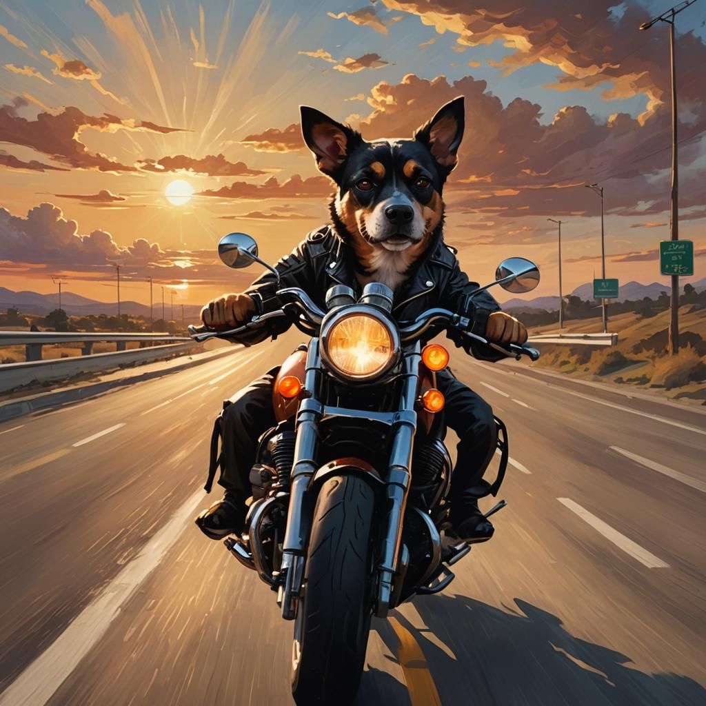 Dog Rides Motorbike at Sunset: Digital Art