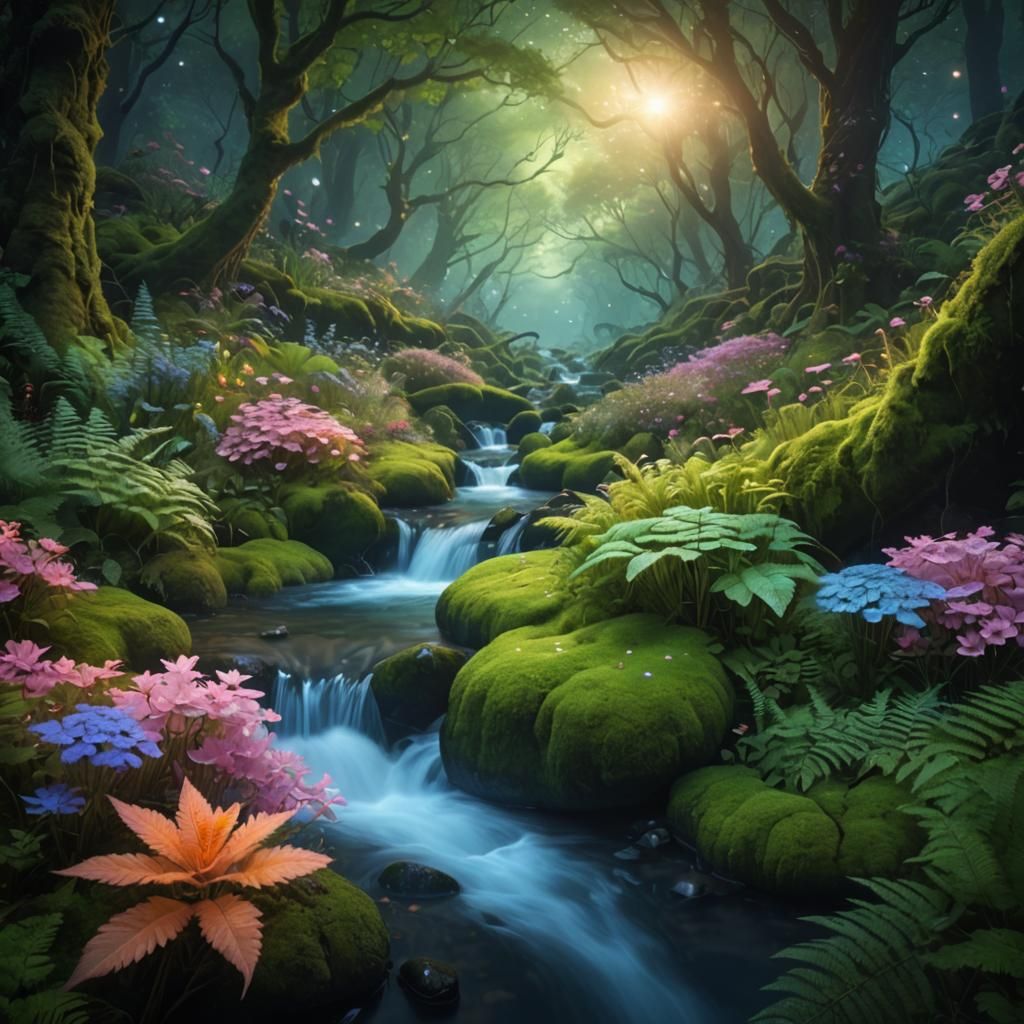 Enchanted Flower Forest Stream in Pastel Colors