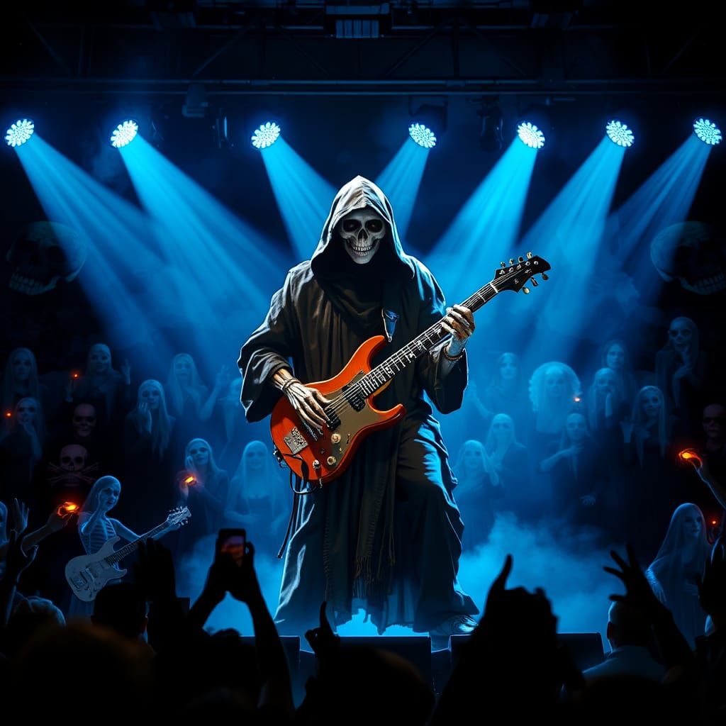 Grim Reaper Rocks Out on Stage with Electric Guitar