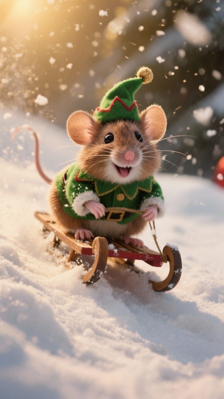 Happy Mouse in Elf Outfit Sleighing in Snowy Christmas Scene