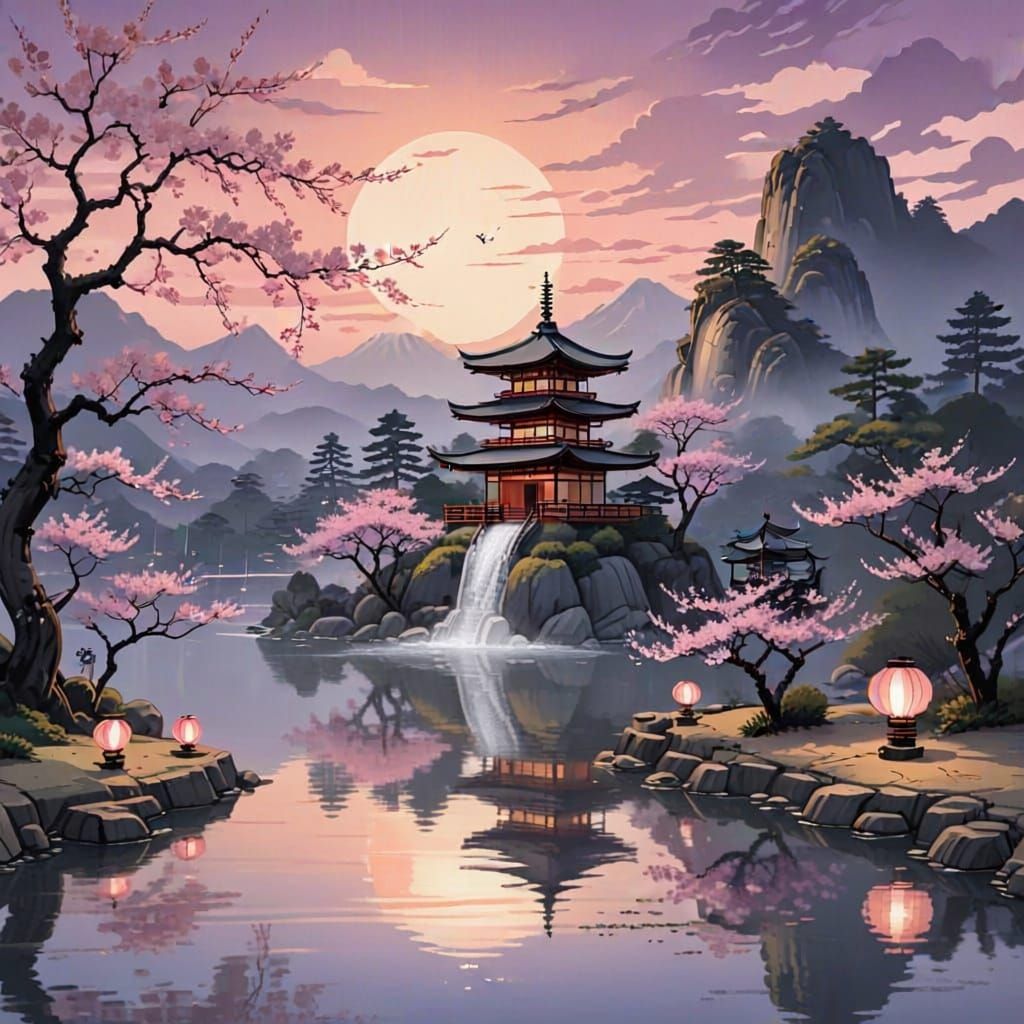 Japanese Pagoda by Blooming Almond Trees with Floating Lante...