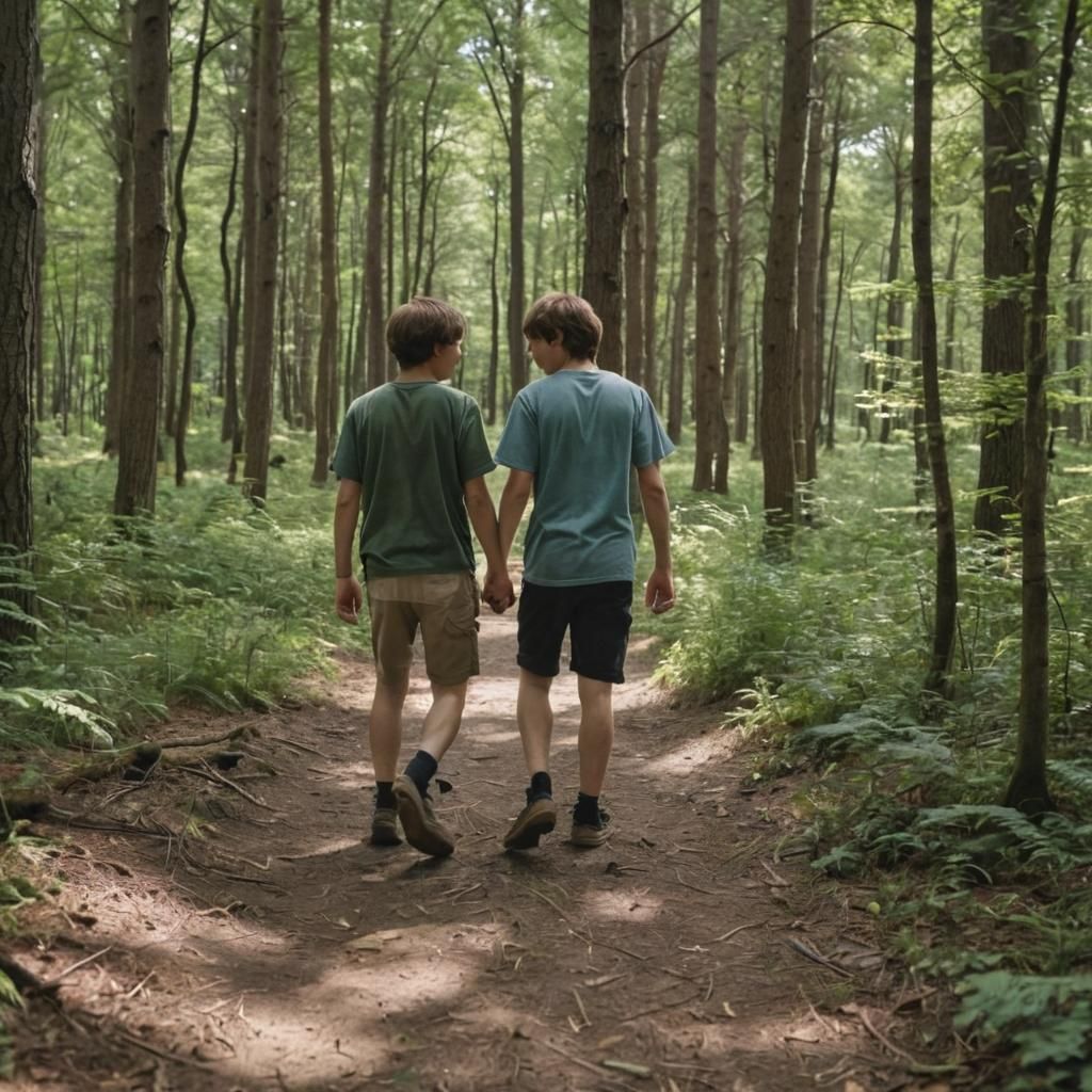 Teenage Boys Strolling Through Woods: Cinematic Film Still