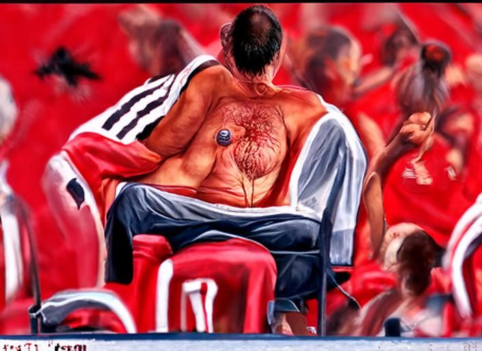 Man Ripping Chest Hair While Watching Soccer, Oil Painting