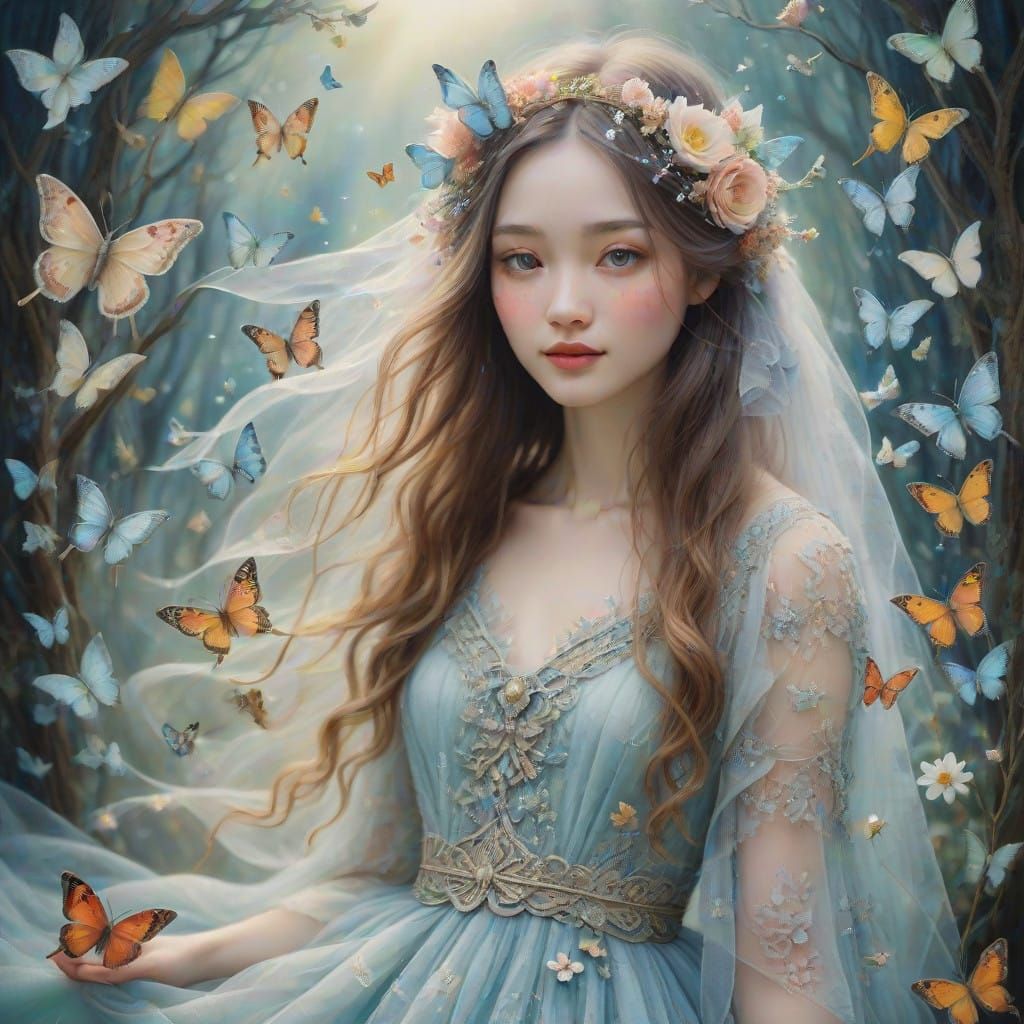 Dreamy Young Girl in Whimsical Butterfly Garden