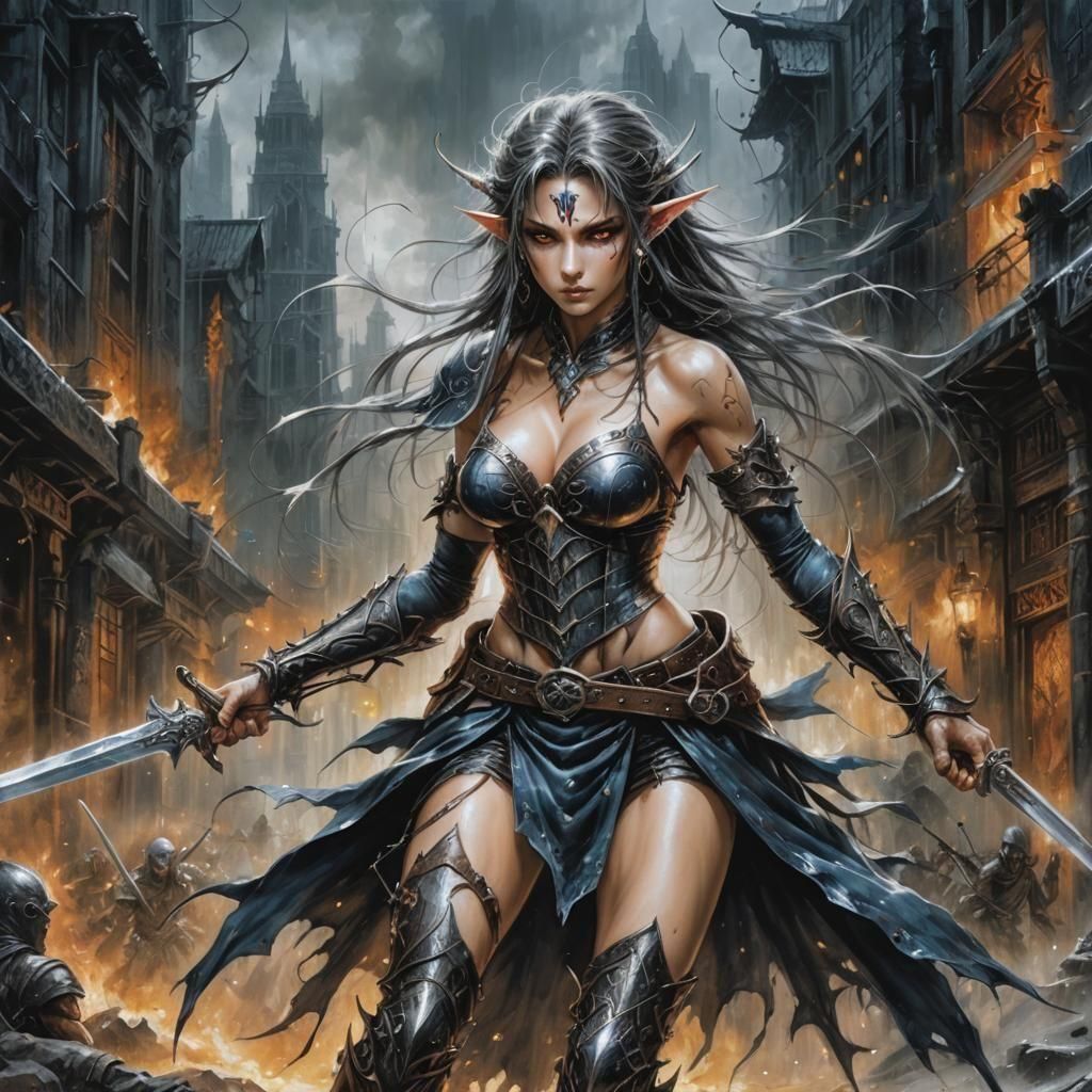 Graceful Elf Warrior in Anime Style by Luis Royo