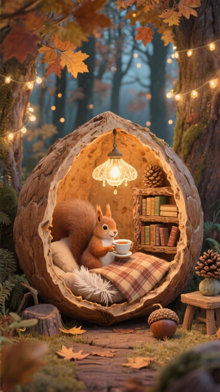 Whimsical Squirrel Home in Enchanted Autumn Forest
