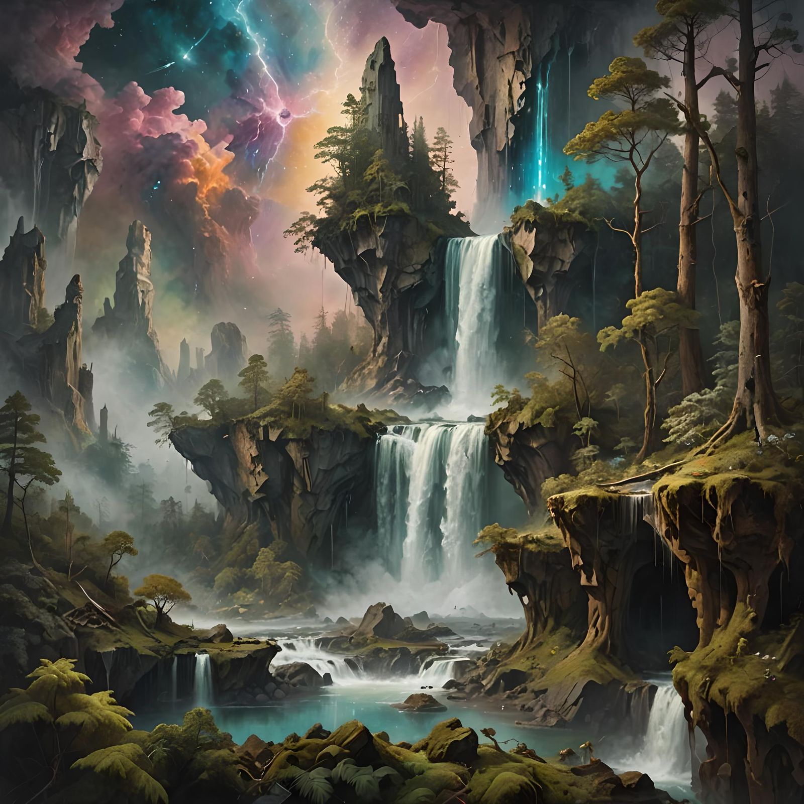 Surreal Waterfall Painting with Futuristic Elements