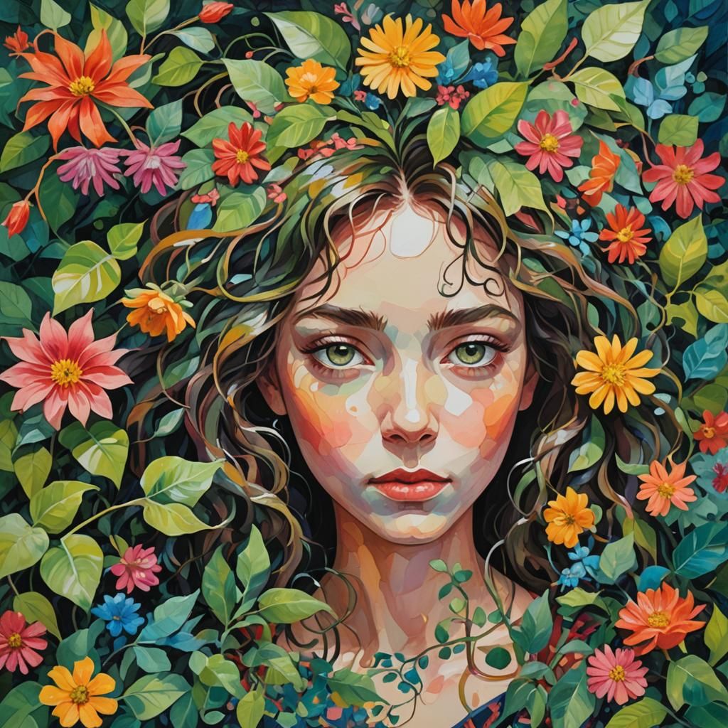 Girl in Surreal Garden as Gouache Masterpiece