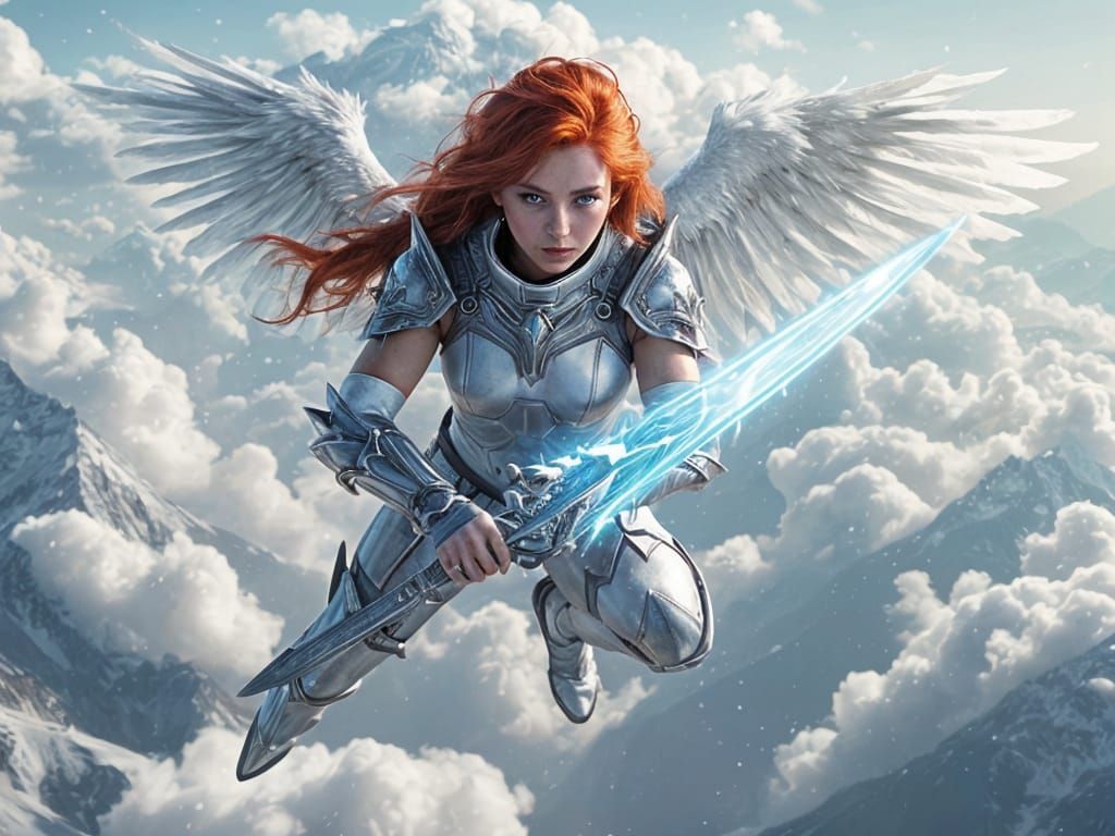 Radiant Angel Warrior Ascending Above Snowy Mountains