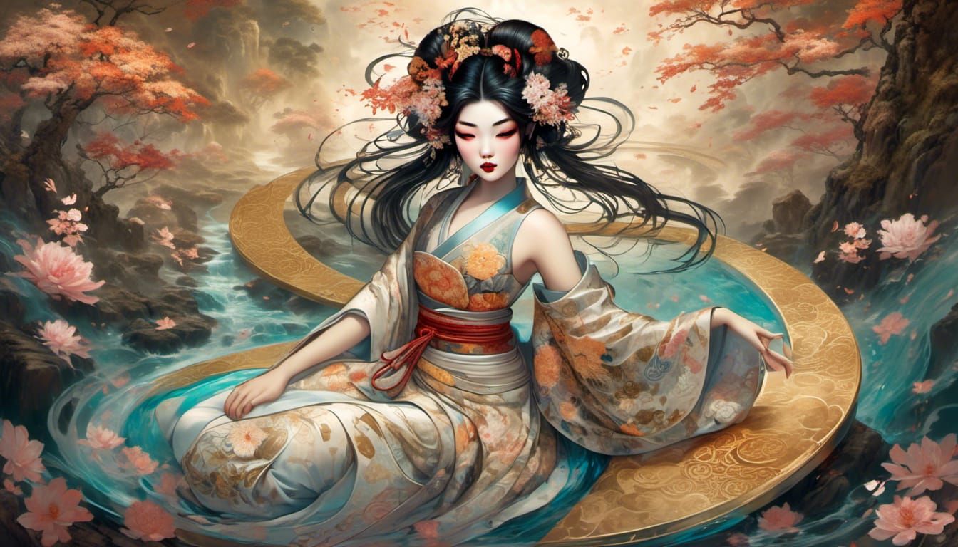 A beautiful bodacious voluptuous Japanese geisha wearing floral transparent short Japanese dress with glowing runes (gol...