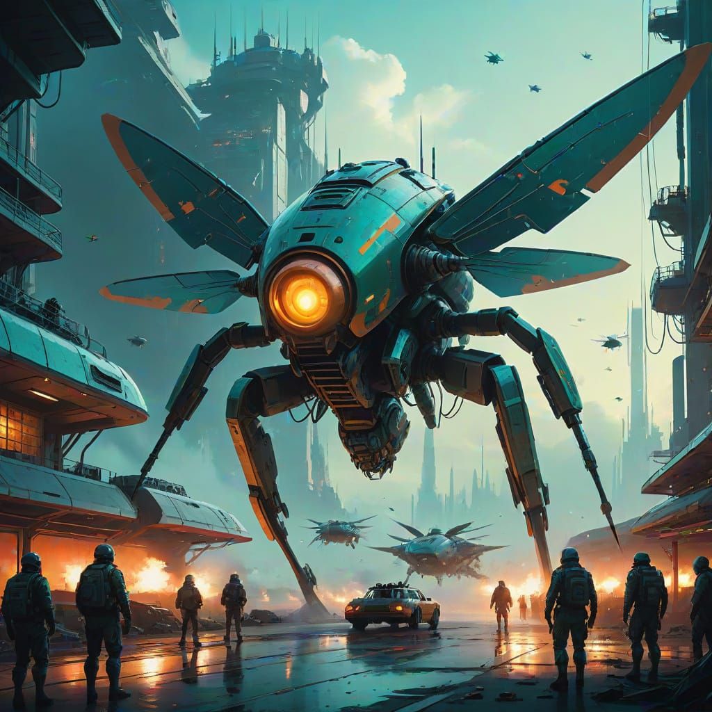 Colossal Insect Invasion in Retrofuturistic Style