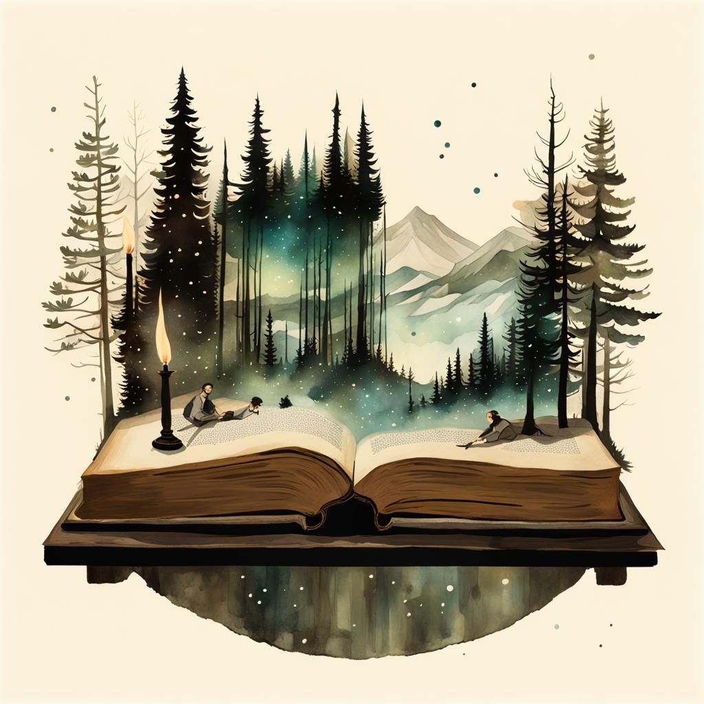 Old Book in Space with Aurora Borealis