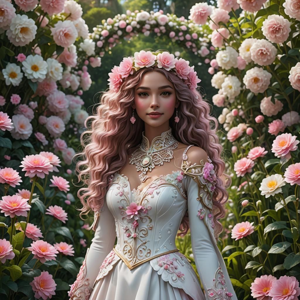 Pink Smiley Woman in Princess Costume, Fantasy Art