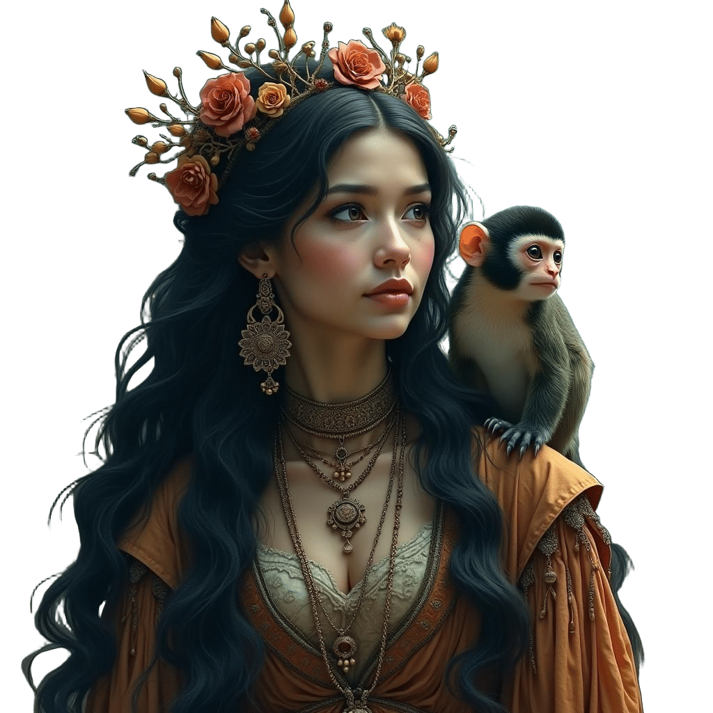 Dreamlike Medieval Gypsy with Monkey, Detailed Digital Art