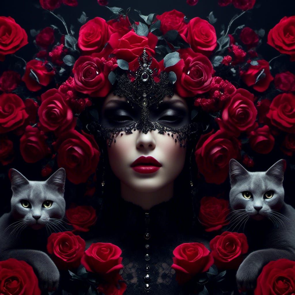 Gothic Skulls and Cats with Roses in Pre-Raphaelite Style