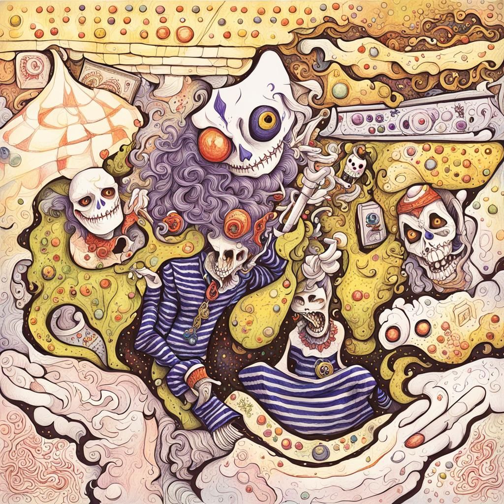 Surreal Clown and Skeletal Queen Acrylic Painting