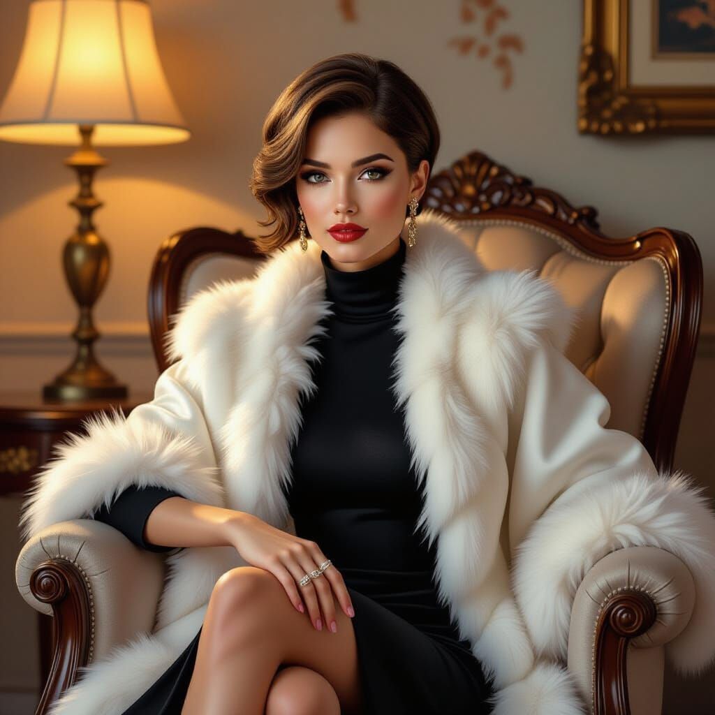 Elegant Woman in Fur, Hyperrealistic Gouache Painting