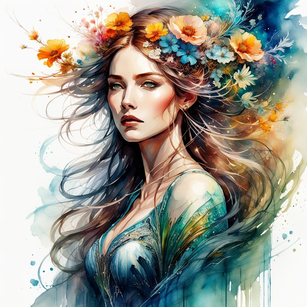 Beautiful Goddess Walking Earth in Watercolor Style