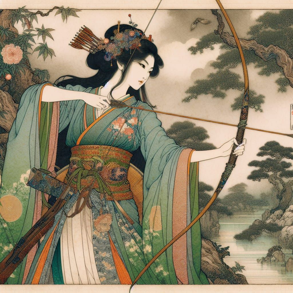 Elegant Archer in Ukiyo-e Pre-Raphaelite Style