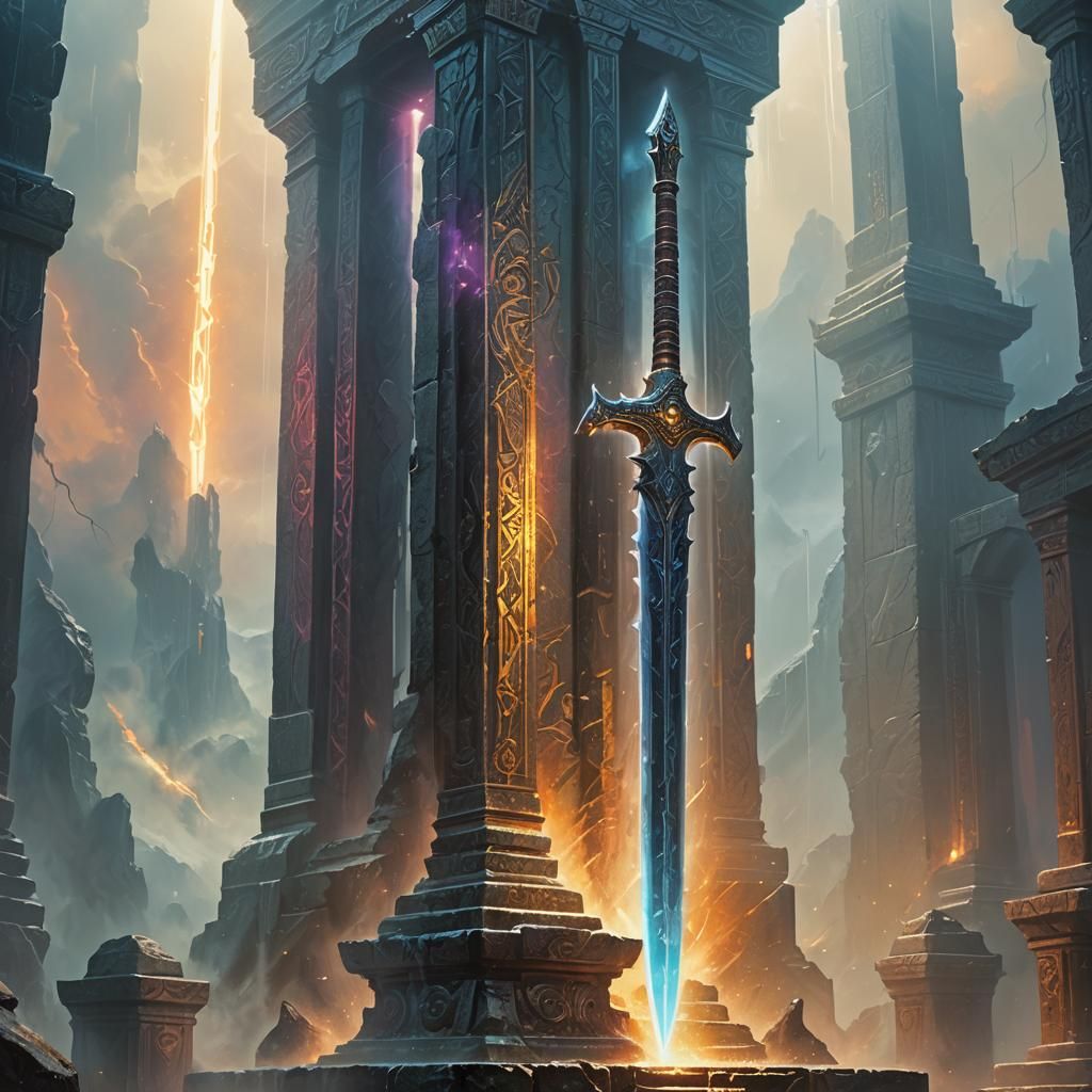 Legendary Sword in Ancient Temple: Oil Painting