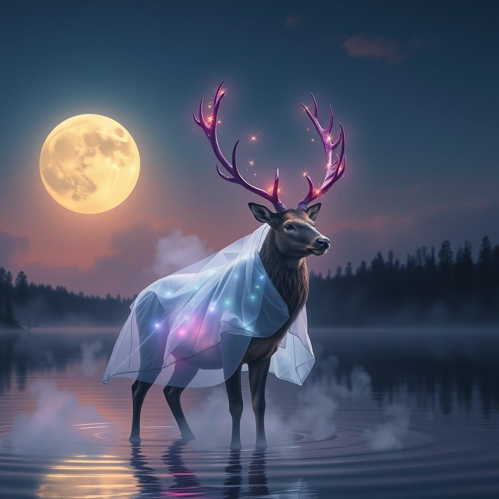 Mystical Luminous Stag in Moonlit Lake