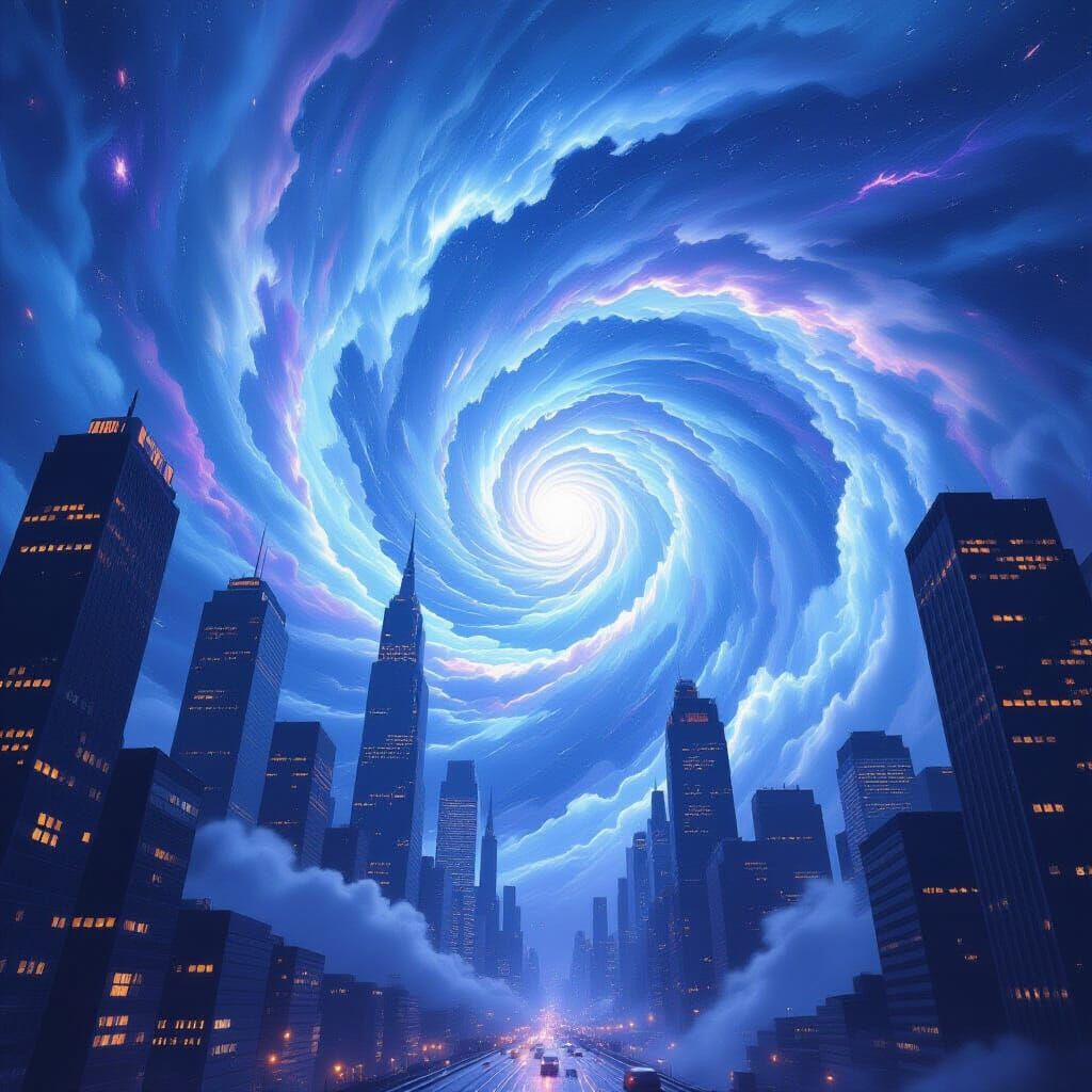 Light Blue and Purple Space Vortex Sucks In Cityscape