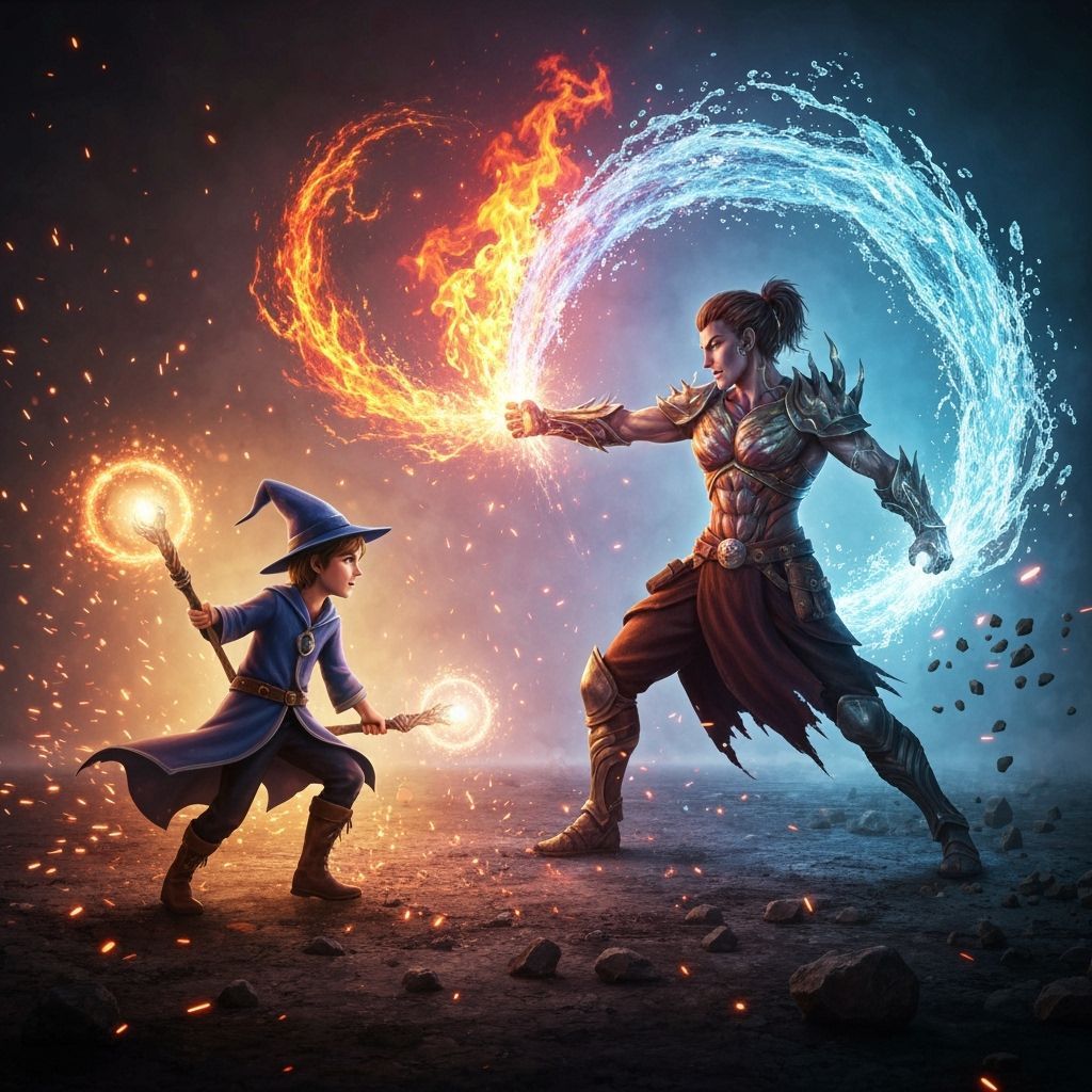 Wizard vs Elemental Warrior Epic Magic Battle