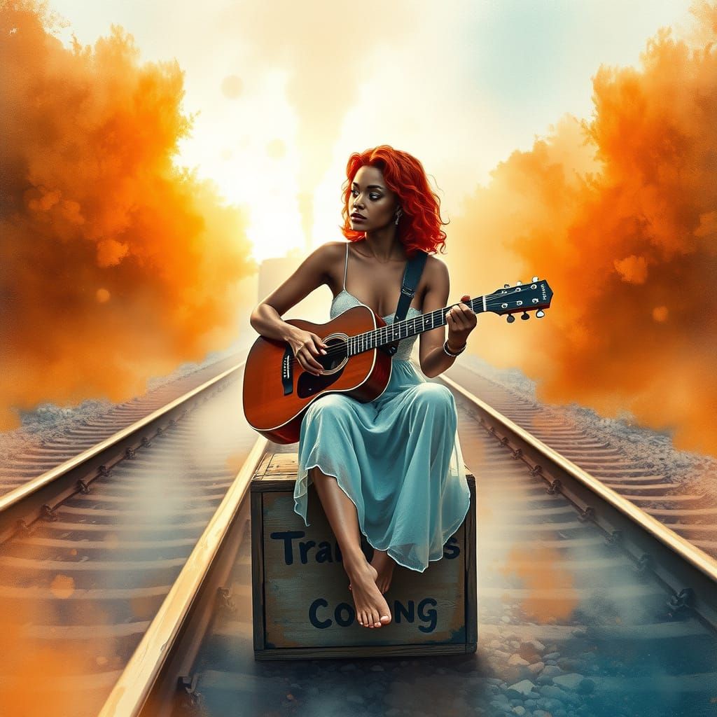 Railroad Pin-Up Girl Guitarist in Watercolor Style