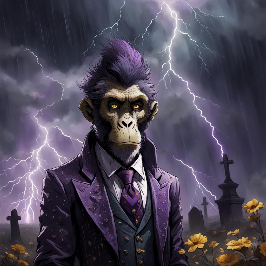 Dapper Primate Digs Grave in Dark Fantasy Style