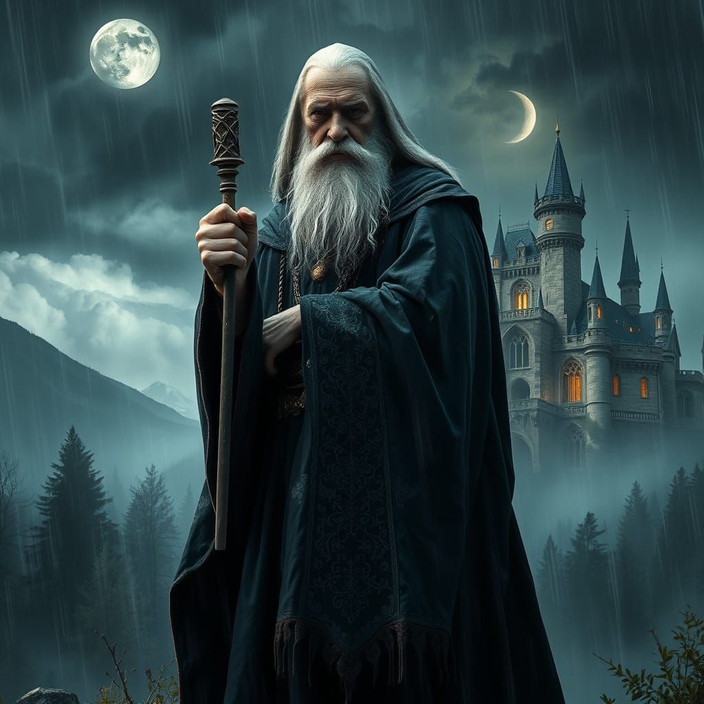 Mystical Wizard Watches Over Medieval Castle at Dawn
