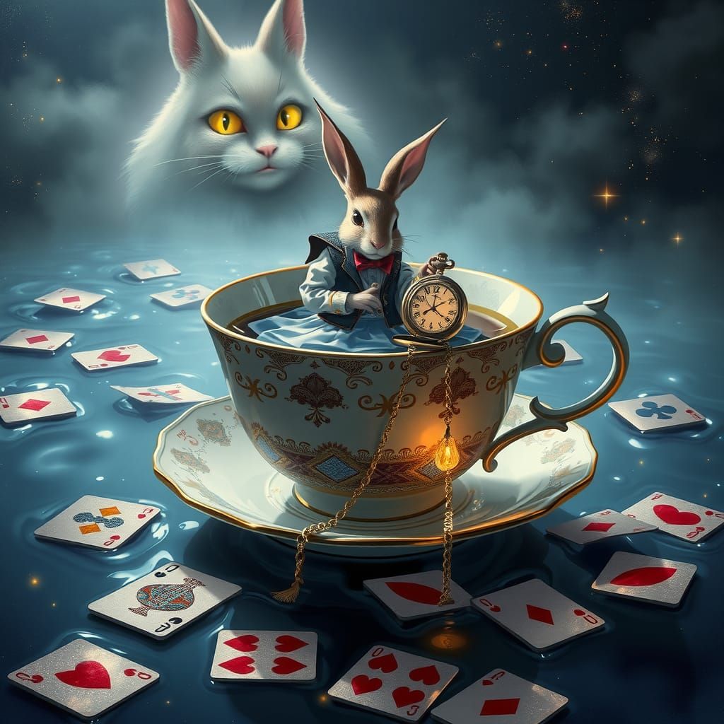 Alice in Teacup with White Rabbit, Digital Art