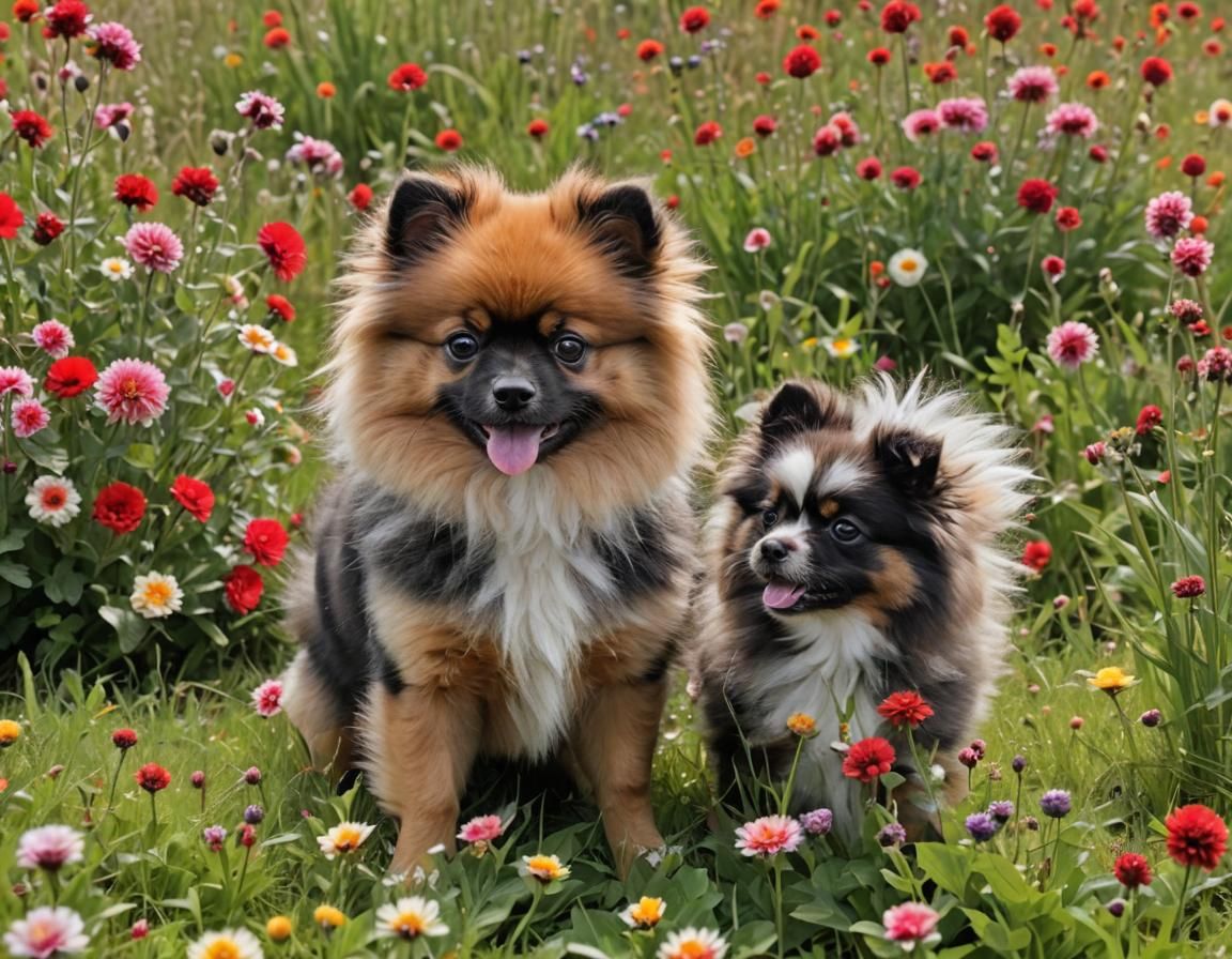Pomeranians Playing in Flower Field