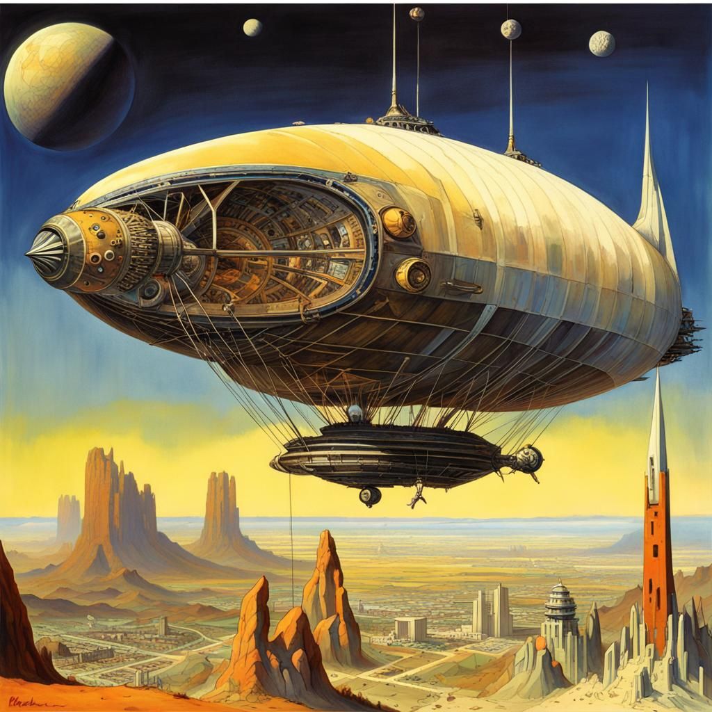 Art Deco Dirigible in Futuristic Landscape