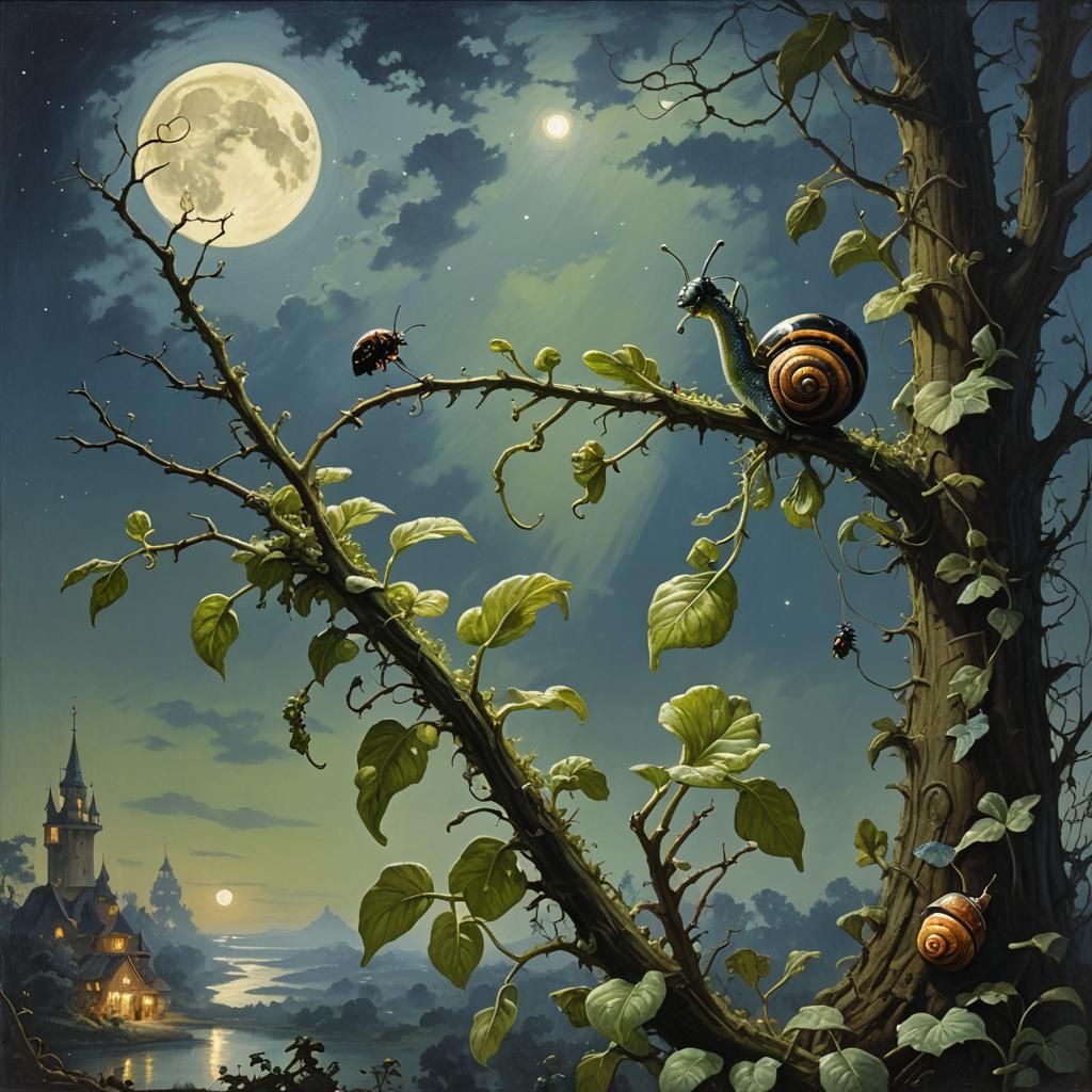 Moonlit Beanstalk Scene with Snail and Beetle