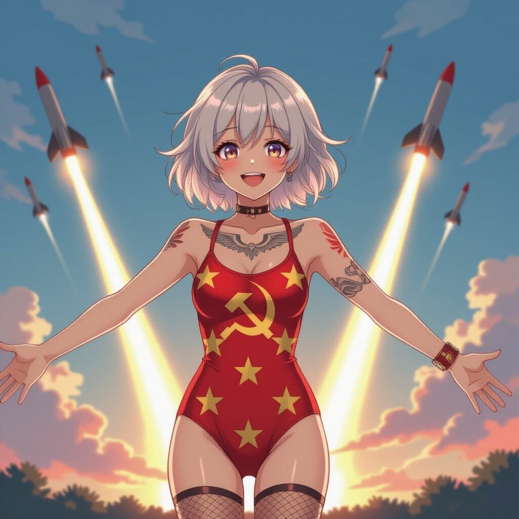 Emo Woman with Wing Tattoo at Dawn, Anime Style