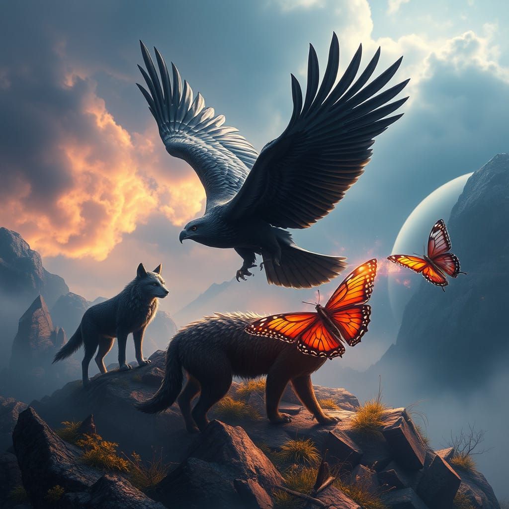 Eagle Soars Beside Lupine Creature and Butterfly in Whimsica...