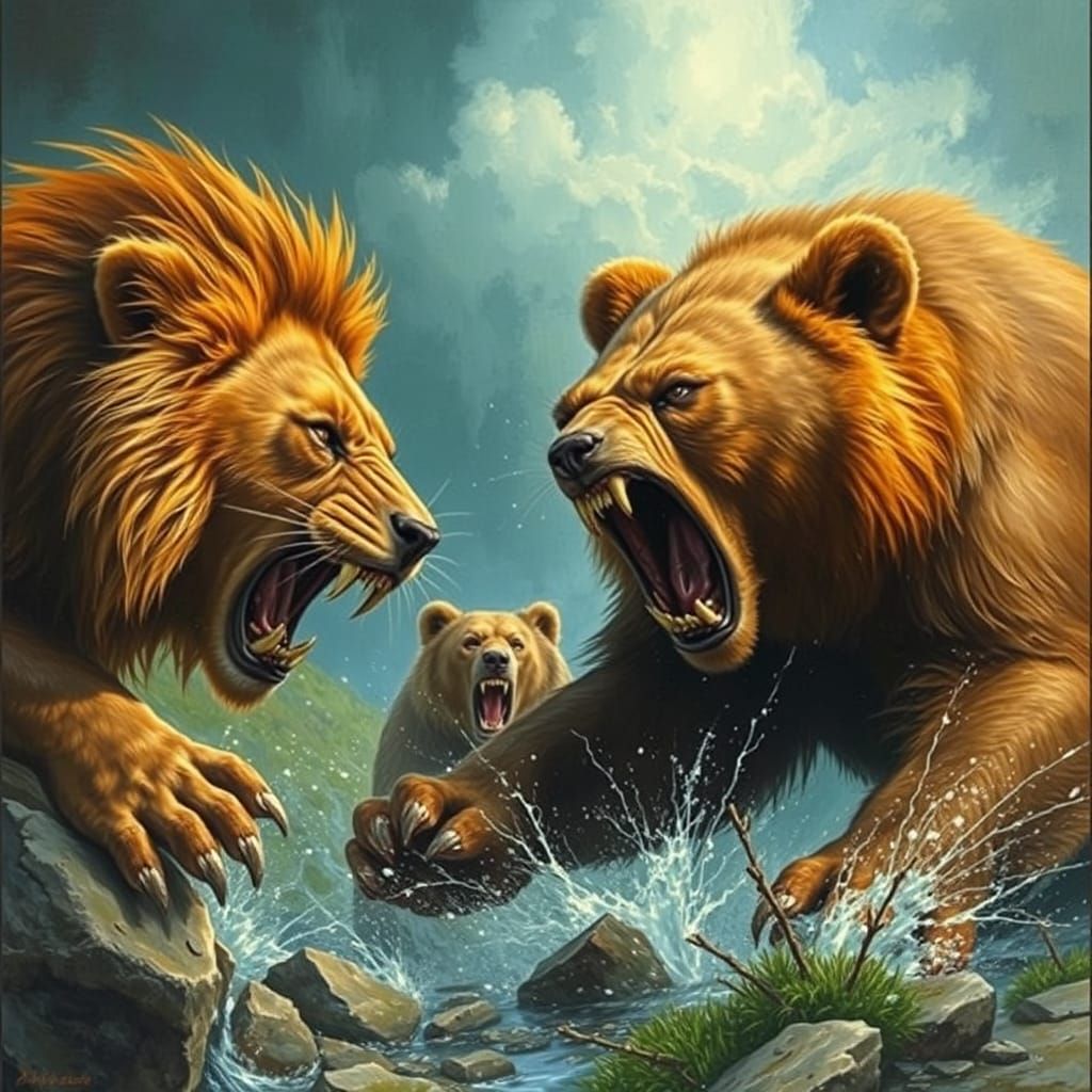Lions and Grizzly Bears Clash in Wildlife Scene