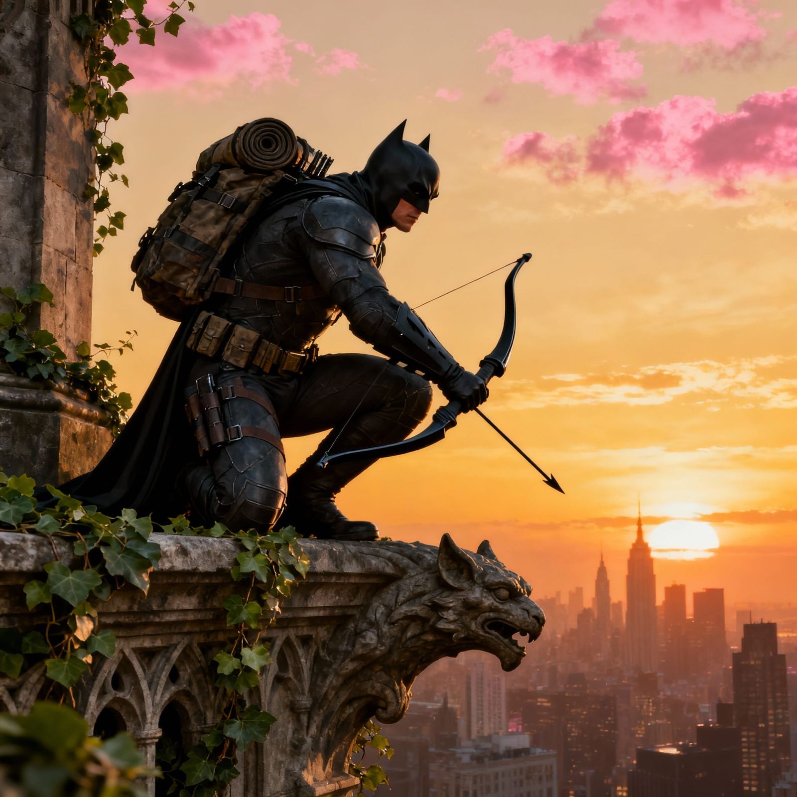 Photorealistic Batman on Gargoyle at Sunset