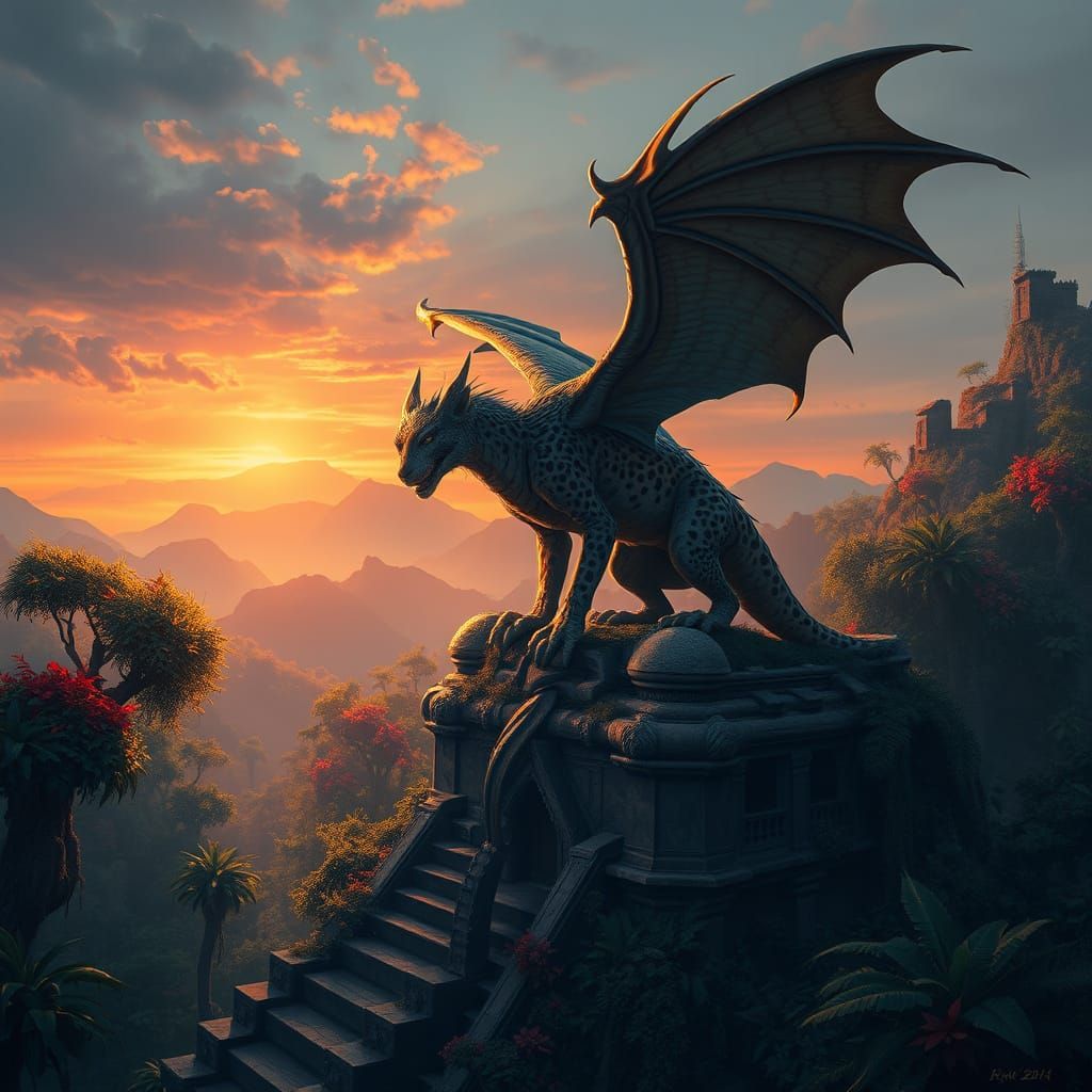 Majestic Cheetah-Dragon Hybrid Scales Temple Ruins at Sunset