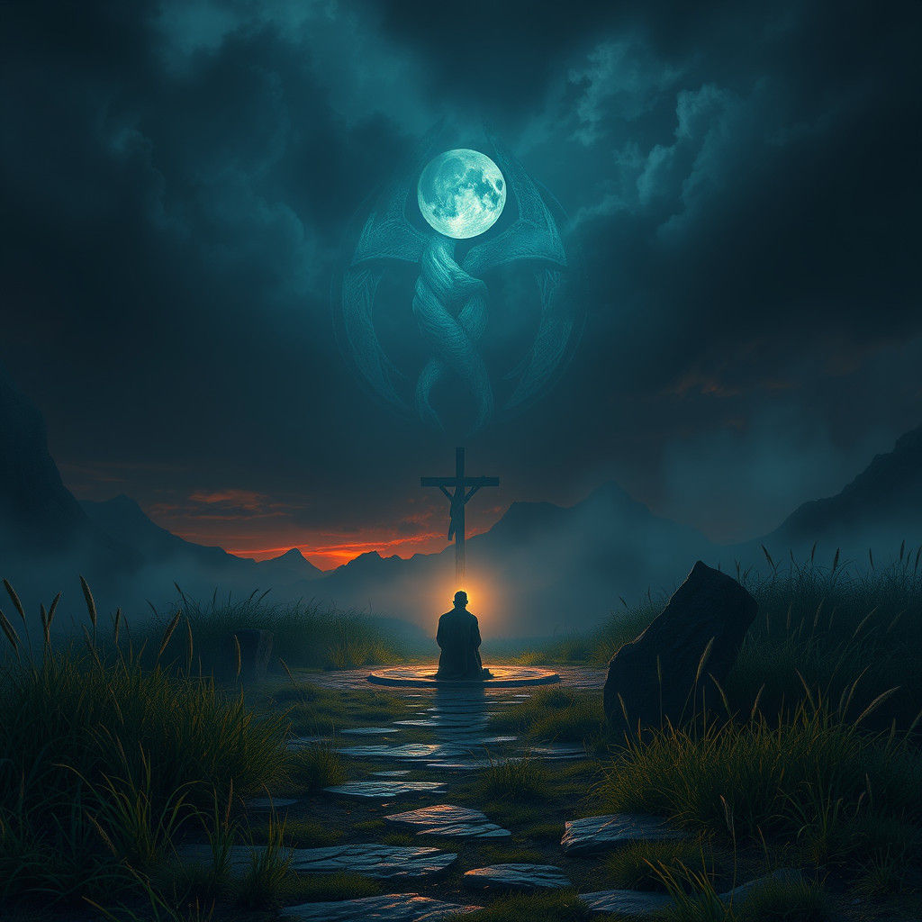 Mystical Figure Kneeling in Ominous Twilight: Digital Matte ...