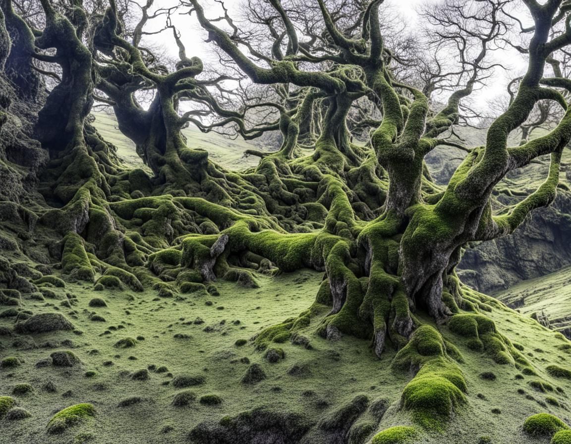 Moss-Covered Ancient Tree in Rocky Irish Landscape